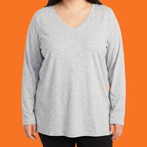 Sonoma Women's Grey Long Sleeve Shiny Faux Crystals V-neck Tee Top Plus Size 3X